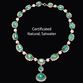 IMPORTANT ANTIQUE CERTIFICATED NATURAL SALTWATER PEARL, EMERALD AND DIAMOND DROP NECKLACE