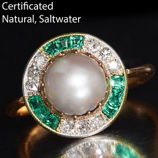 ART-DECO CERTIFICATED NATURAL SALTWATER PEARL, DIAMOND AND EMERALD CLUSTER RING