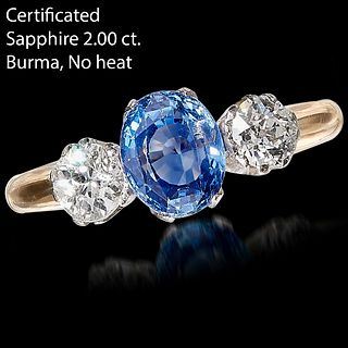CERTIFICATED BURMA SAPPHIRE AND DIAMOND 3-STONE RING
