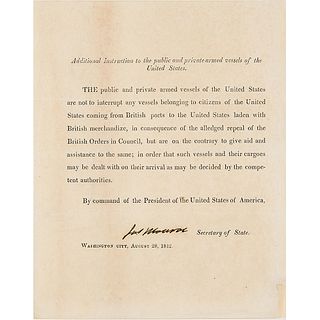James Monroe War of 1812 Document Signed