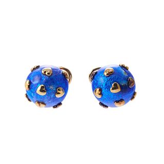 Tiffany & Co Schlumberger Blue Enamel Heart 18k Gold Earrings