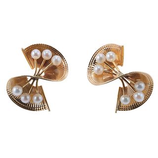 Retro 1950s 14k Gold Pearl Twist Earrings