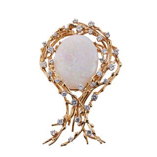 1970s 18k Gold Opal Diamond Large Pendant