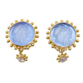Elizabeth Locke 19k Gold Venetian Glass Intaglio Moonstone Earrings