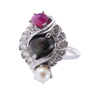 14k Gold Diamond Sapphire Ruby Pearl Ring