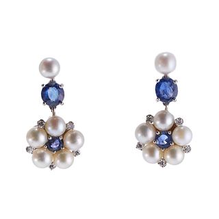 14k Gold Diamond Pearl Sapphire Drop Earrings