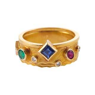 Artisanal 18k Gold Diamond Gemstone Band Ring