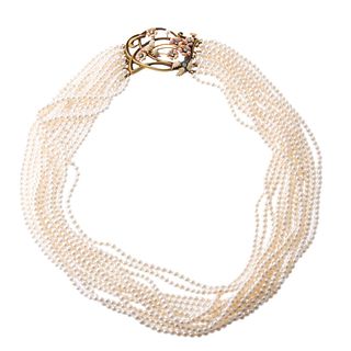 Antique 14k Gold Pearl Diamond Enamel Multi Strand Necklace