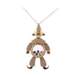 18k Gold Diamond Emerald Ruby Sapphire Clown Pendant Necklace