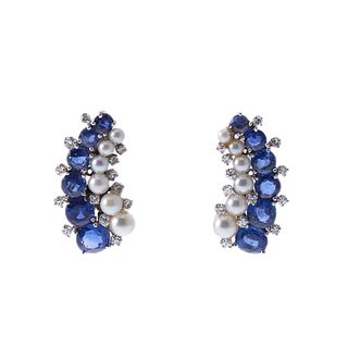 Midcentury 14k Gold Diamond Sapphire Pearl Earrings