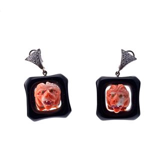 14k Gold Coral Onyx Diamond Ruby Lion Earrings