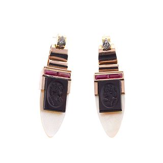 14k Gold Diamond MOP Ruby Garnet Intaglio Earrings