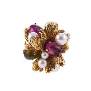 Grosse 1960s 18k Gold Tourmaline Pearl Cocktail Ring
