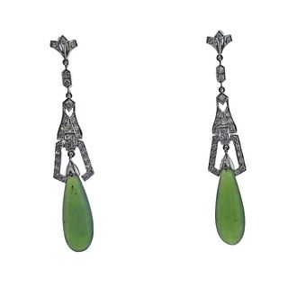 Art Deco 18k Gold Diamond Jade Earrings