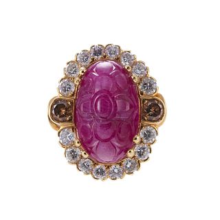 18k Gold Carved Ruby Diamond Cocktail Ring