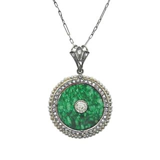 Art Deco Platinum Jade Diamond Pearl Pendant Necklace