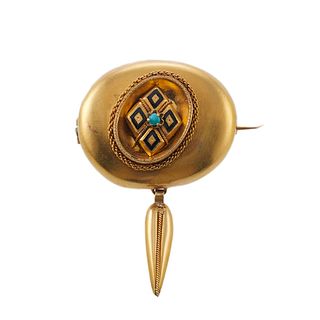 Antique 14k Gold Enamel Turquoise Brooch 