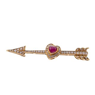 18k Gold Diamond Ruby Arrow Heart Brooch Pin