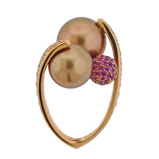 Io Si South Sea Pearl Diamond Pink Sapphire Gold Cocktail Ring
