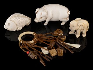 CHINESE / JAPANESE CARVED FIGURAL NETSUKE AND MINIATURE OBJECTS, LOT OF FOUR