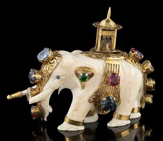 ASIAN GOLD / GOLD-PLATED AND GEMSTONE-MOUNTED CARVED BONE ELEPHANT MINIATURE FIGURE