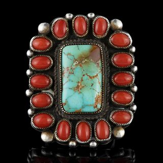 CALVIN MARTINEZ (NAVAJO, B. 1960) NATIVE AMERICAN TURQUOISE, CORAL, AND STERLING SILVER RING