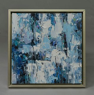 Framed blue abstract oil painting on canvas 