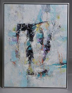 Abstract oil painting on canvas, black teal colors
