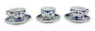 (3) Royal Copenhagen Blue Fluted Cups & Saucers