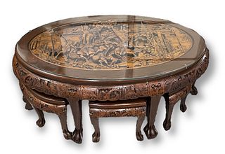 Chinese Hand Carved Wood Coffee Table w/ Glass Top