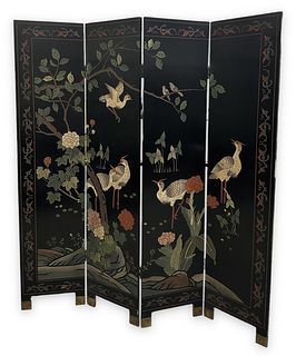 Chinese Carved Black Lacquer Wood Screen