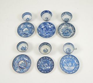 English Pearlware Tea Bowls and Saucers, 19th C.