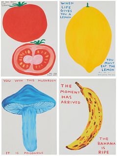 After David Shrigley (b. 1968), "If You Don't like Tomatoes," 2020, "When Life Gives You a Lemon," 2021, "The Moment Has Arrived," 2021, and "You Win 