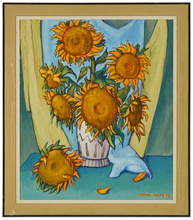 Tarmo Pasto, (1906-1986), "Seven Sunflowers," 1973, Oil on canvas, 36" H x 30" W