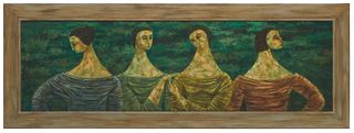Flavio Cabral, (1916-1990), "Four Sisters," Oil on Masonite, 18.25" H x 60" W