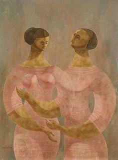 Flavio Cabral (1918-1990), Portrait of two women in pink, Oil on Masonite, 41" H x 30" W
