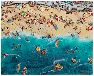 Michael Bryan (b. 1947), Beach scene with figures, 1989, Oil on canvas, Signed lower right: Bryan; signed again and dated verso, 60" H x 72" W