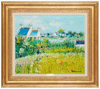 Yolande Ardissone (b. 1927), Houses in a field of flowers, Oil on canvas, 18.5" H x 22" W