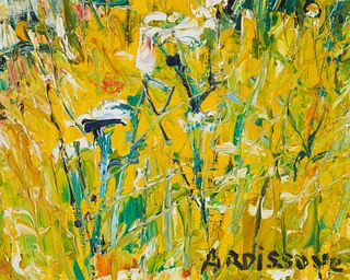 Yolande Ardissone (b. 1927), Figures walking through a path of flowers, Oil on canvas, 18.5" H x 22.25" W