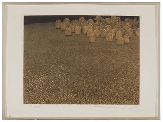 Tanaka Ryohei (1933-2019), "Adashino," 1965, Etching & aquatint on beige-colored chine collE, Plate: 8.25" H x 10.5" W