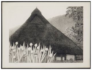 Tanaka Ryohei (1933-2019), "Farmhouse," 1977, Etching on paper, Plate: 15.5" H x 20.25" W; Sheet: 18" H x 23.75" W
