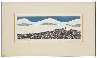 Sabra Field (b. 1935), "Snow and Stars," 1971, Woodcut in colors on Japanese paper, Image: 5.5" H x 15" W; Sight: 6.625" H x 16" W