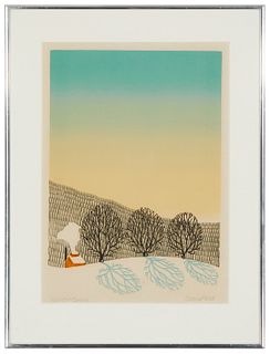Sabra Field (b. 1935), "Mountain Spring," from "Mountain Suite," 1979, Woodcut in colors on Japanese paper, Image: 14.5" H x 10" W; Sight: 15.375" H x