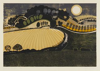 Graham Clarke (b. 1941), "Behind Shoreham," Woodcut in colors on paper, Image: 18" H x 26" W' Sheet: 26.5" H x 38.75" W