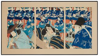 Toyohara Kunichika (1835-1900), "Kanjincho," 1869, Woodcut in colors on paper, triptych, Sight of each: 13.125" H x 9.25" W