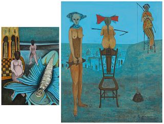 Raul Arguelles (20/21st Century), "Pescando en la Colina," 2002, Acrylic on canvas, 24" H x 20" W and Untitled, Mixed media on paper, Image/Sheet: 14.