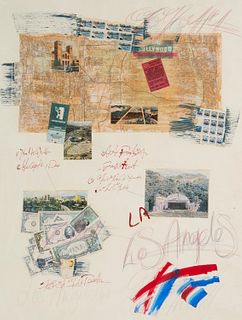 20th Century American School, Los Angeles, Mixed media and collage on paper, Sight: 38" H x 29" W
