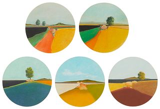 Allan M. D'Arcangelo, (1930-1998), Five landscapes, circa 1966-69, Each mixed media drawing on paper mounted to paper, Each: 6" Dia.; Sight of each: 7