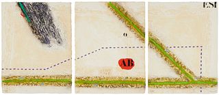James Coignard (1925-2008), Untitled triptych, Intaglio and collage in colors on thick handmade paper, Each panel: 26" H x 19.75" W
