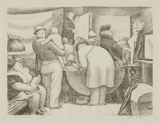 John Bloom (1906-2002), "Auction at Johnson," Lithograph on paper, Image: 8" H x 10.5" W; Sight: 9" H x 11.5" W